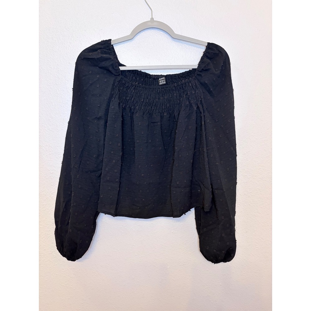 Shein Black Swiss Dot Smocked Square Neck Puff Long Sleeve Blouse Top XL
